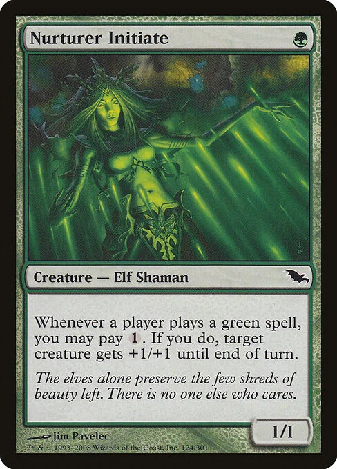 Nurturer Initiate, carta Magic di tipo Creature — Elf Shaman illustrata da Jim Pavelec