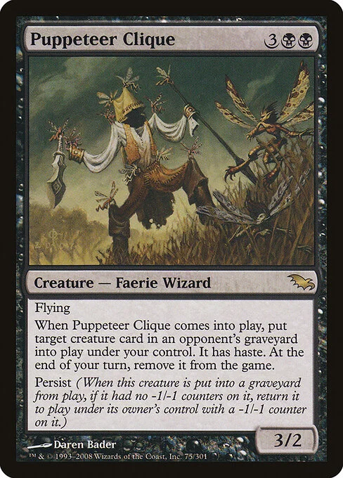 Puppeteer Clique, carta Magic di tipo Creature — Faerie Wizard illustrata da Daren Bader