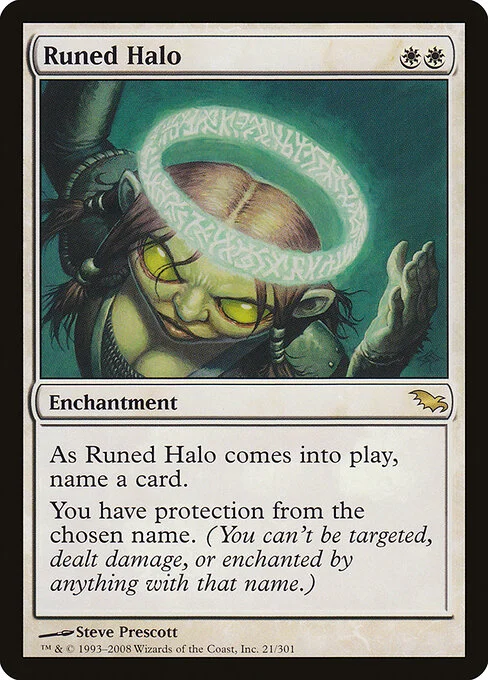 Runed Halo, carta Magic di tipo Enchantment illustrata da Steve Prescott