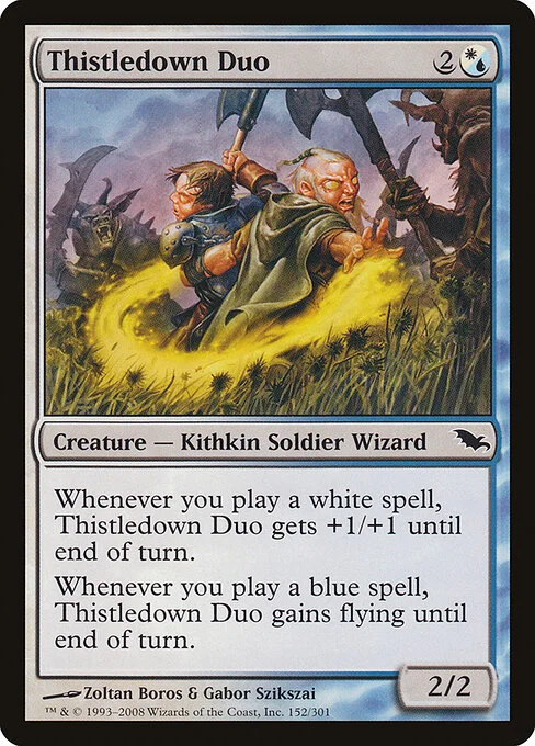 Thistledown Duo, carta Magic di tipo Creature — Kithkin Soldier Wizard illustrata da Zoltan Boros & Gabor Szikszai
