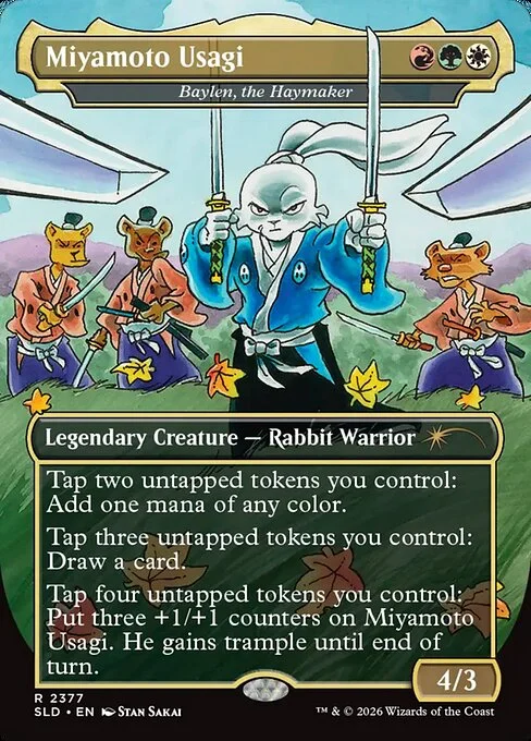 Baylen, the Haymaker, carta Magic di tipo Legendary Creature — Rabbit Warrior illustrata da Stan Sakai