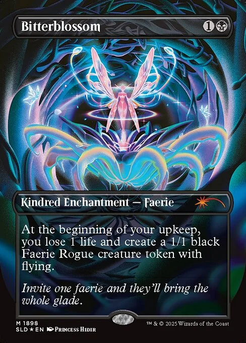 Bitterblossom, carta Magic di tipo Kindred Enchantment — Faerie illustrata da Princess Hidir