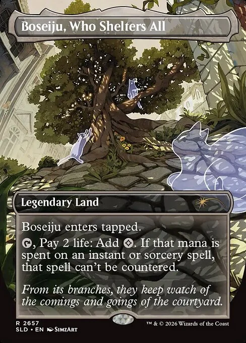 Boseiju, Who Shelters All, carta Magic di tipo Legendary Land illustrata da SimzArt