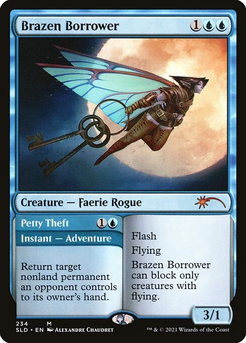 Brazen Borrower // Petty Theft, carta Magic di tipo Creature — Faerie Rogue // Instant — Adventure illustrata da Alexandre Chaudret