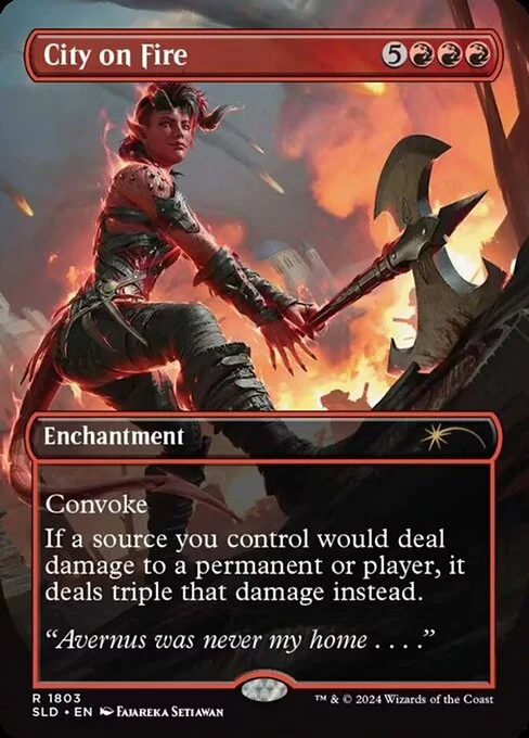 City on Fire, carta Magic di tipo Enchantment illustrata da Fajareka Setiawan