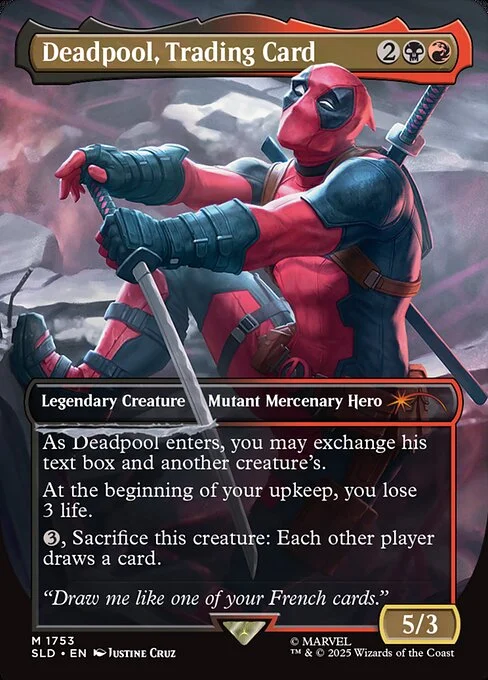 Deadpool, Trading Card, carta Magic di tipo Legendary Creature — Mutant Mercenary Hero illustrata da Justine Cruz