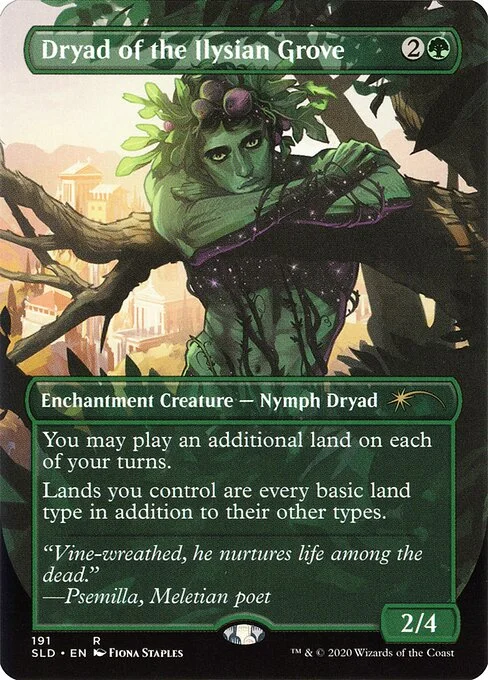 Dryad of the Ilysian Grove, carta Magic di tipo Enchantment Creature — Nymph Dryad illustrata da Fiona Staples