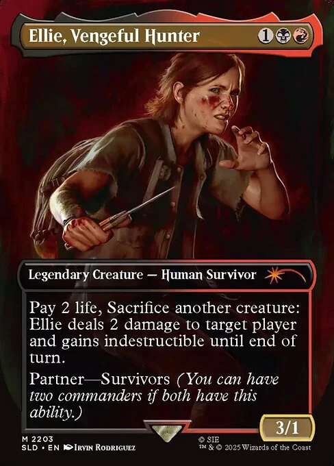 Ellie, Vengeful Hunter, carta Magic di tipo Legendary Creature — Human Survivor illustrata da Irvin Rodriguez