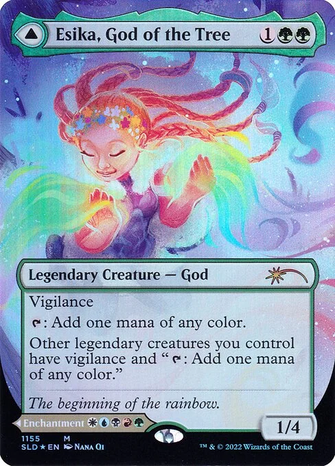 Esika, God of the Tree // The Prismatic Bridge, carta Magic di tipo Legendary Creature — God // Legendary Enchantment illustrata da Nana Qi & GodMachine
