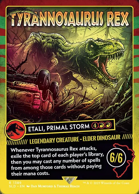 Etali, Primal Storm, carta Magic di tipo Legendary Creature — Elder Dinosaur illustrata da Dan Mumford & Thomas Roach