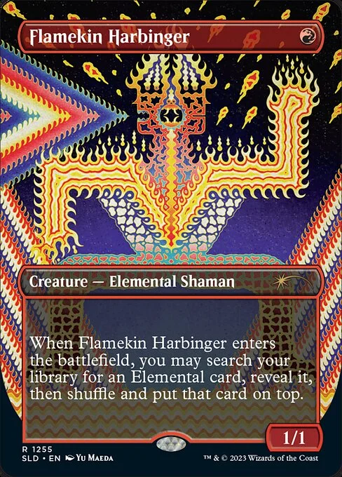 Flamekin Harbinger, carta Magic di tipo Creature — Elemental Shaman illustrata da Yu Maeda
