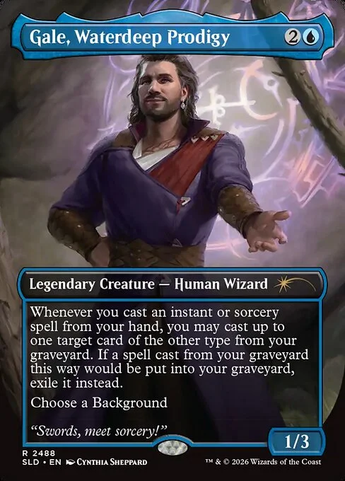 Gale, Waterdeep Prodigy, carta Magic di tipo Legendary Creature — Human Wizard illustrata da Cynthia Sheppard