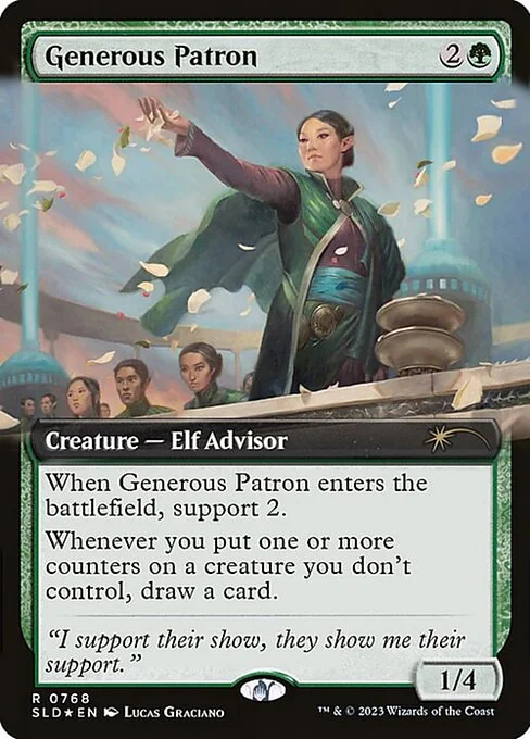 Generous Patron, carta Magic di tipo Creature — Elf Advisor illustrata da Lucas Graciano