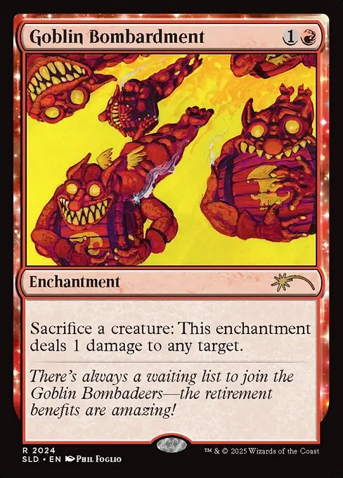 Goblin Bombardment, carta Magic di tipo Enchantment illustrata da Phil Foglio