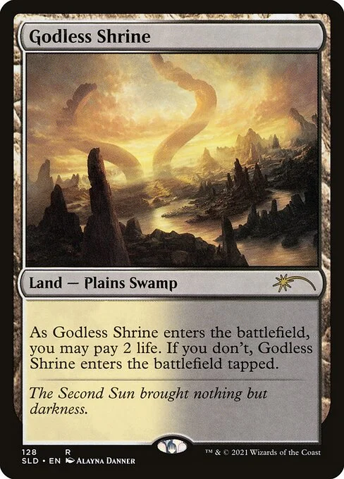 Godless Shrine, carta Magic di tipo Land — Plains Swamp illustrata da Alayna Danner