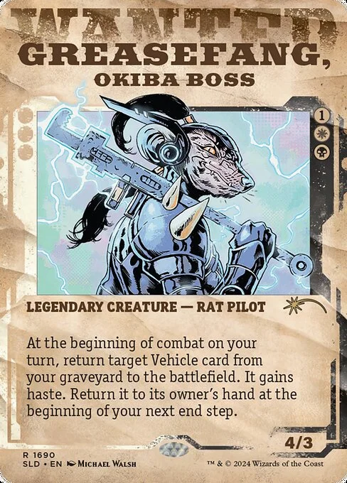 Greasefang, Okiba Boss, carta Magic di tipo Legendary Creature — Rat Pilot illustrata da Michael Walsh