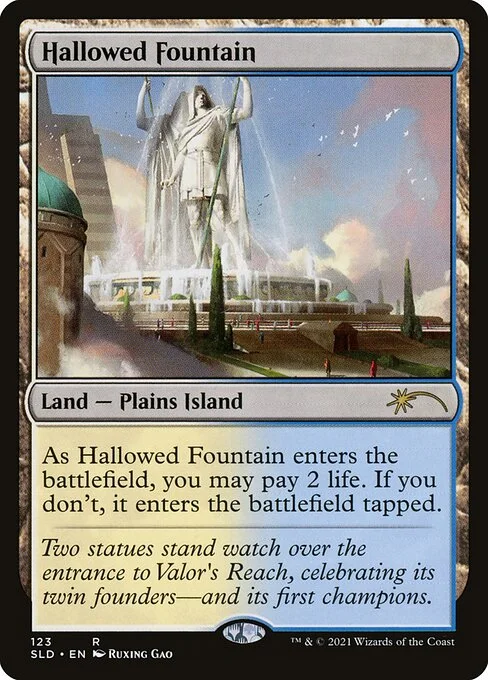 Hallowed Fountain, carta Magic di tipo Land — Plains Island illustrata da Ruxing Gao