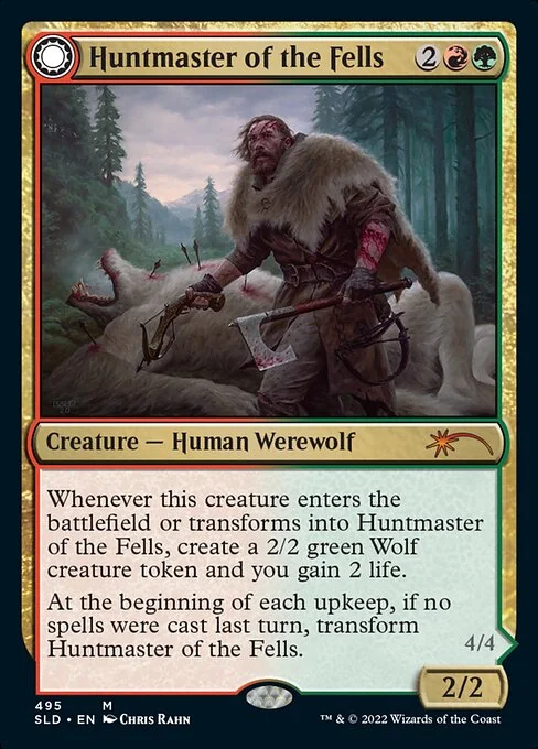 Huntmaster of the Fells // Ravager of the Fells, carta Magic di tipo Creature — Human Werewolf // Creature — Werewolf illustrata da Chris Rahn
