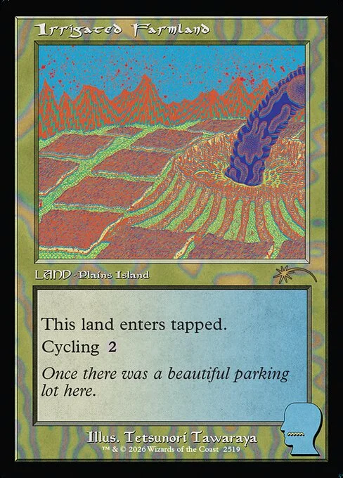Irrigated Farmland, carta Magic di tipo Land — Plains Island illustrata da Tetsunori Tawaraya