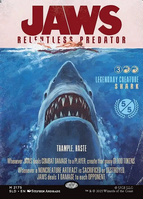 Jaws, Relentless Predator, carta Magic di tipo Legendary Creature — Shark illustrata da Stephen Andrade