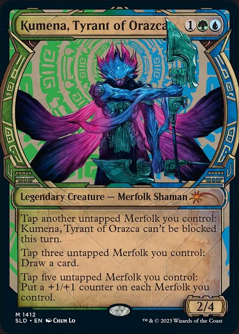 Kumena, Tyrant of Orazca, carta Magic di tipo Legendary Creature — Merfolk Shaman illustrata da Chun Lo