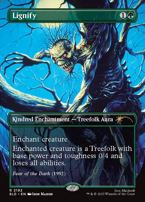 Lignify, carta Magic di tipo Kindred Enchantment — Treefolk Aura illustrata da Iron Maiden