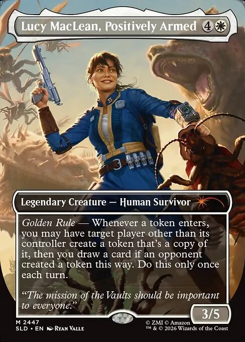 Lucy MacLean, Positively Armed, carta Magic di tipo Legendary Creature — Human Survivor illustrata da Ryan Valle