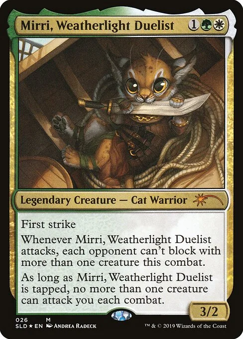 Mirri, Weatherlight Duelist, carta Magic di tipo Legendary Creature — Cat Warrior illustrata da Andrea Radeck
