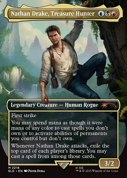 Nathan Drake, Treasure Hunter, carta Magic di tipo Legendary Creature — Human Rogue illustrata da Piotr Dura