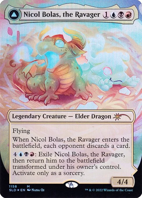 Nicol Bolas, the Ravager // Nicol Bolas, the Arisen, carta Magic di tipo Legendary Creature — Elder Dragon // Legendary Planeswalker — Bolas illustrata da Nana Qi & GodMachine