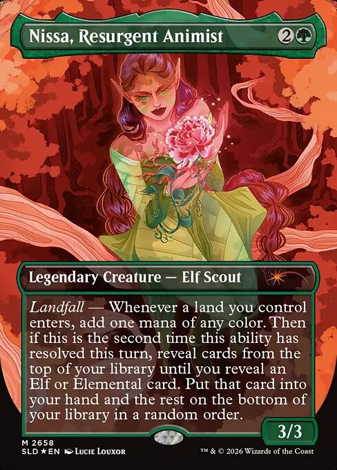 Nissa, Resurgent Animist, carta Magic di tipo Legendary Creature — Elf Scout illustrata da Lucie Louxor