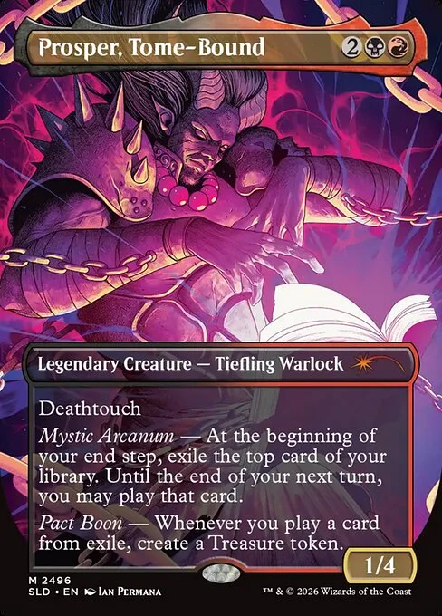 Prosper, Tome-Bound, carta Magic di tipo Legendary Creature — Tiefling Warlock illustrata da Ian Permana