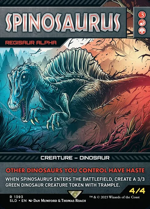Regisaur Alpha, carta Magic di tipo Creature — Dinosaur illustrata da Dan Mumford & Thomas Roach