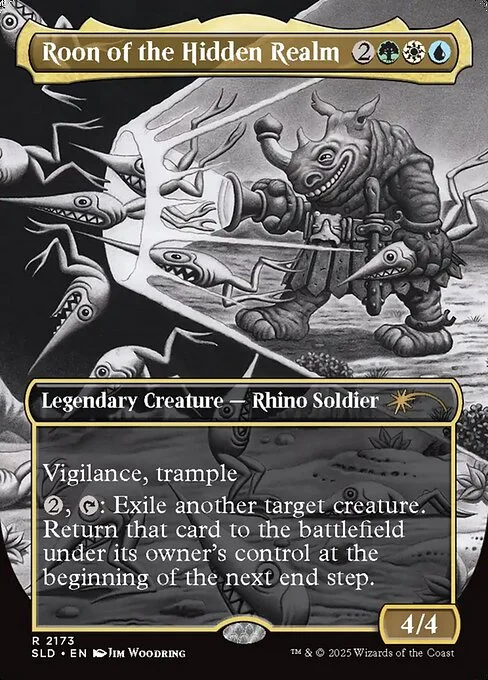 Roon of the Hidden Realm, carta Magic di tipo Legendary Creature — Rhino Soldier illustrata da Jim Woodring