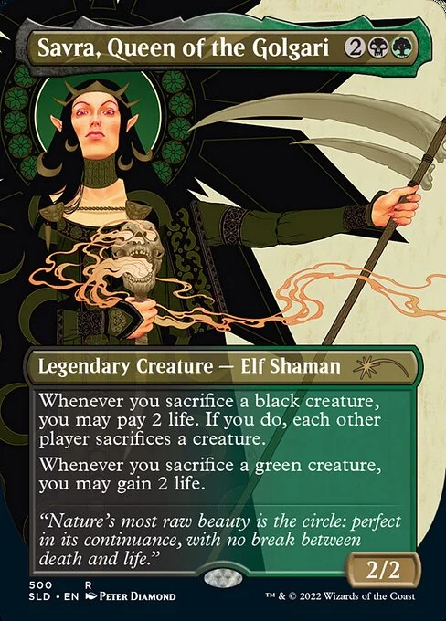 Savra, Queen of the Golgari, carta Magic di tipo Legendary Creature — Elf Shaman illustrata da Peter Diamond