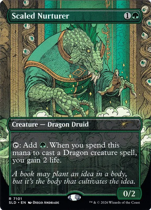 Scaled Nurturer, carta Magic di tipo Creature — Dragon Druid illustrata da Diego Andrade