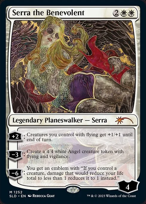 Serra the Benevolent, carta Magic di tipo Legendary Planeswalker — Serra illustrata da Rebecca Guay
