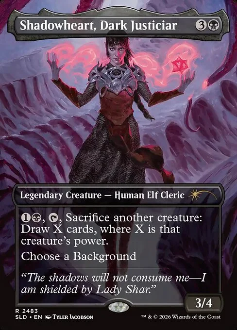 Shadowheart, Dark Justiciar, carta Magic di tipo Legendary Creature — Human Elf Cleric illustrata da Tyler Jacobson