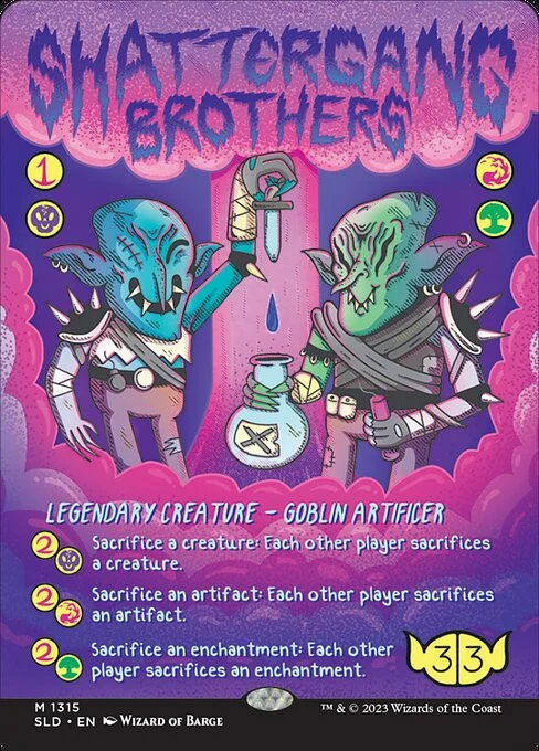 Shattergang Brothers, carta Magic di tipo Legendary Creature — Goblin Artificer illustrata da Wizard of Barge