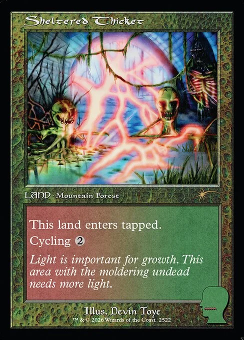 Sheltered Thicket, carta Magic di tipo Land — Mountain Forest illustrata da Devin Toye