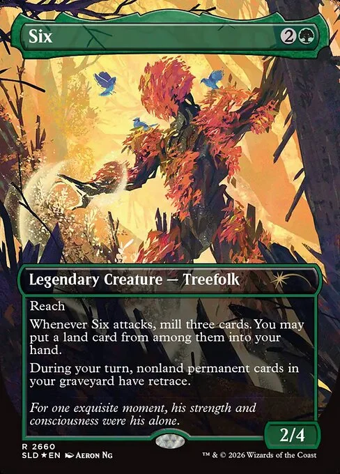 Six, carta Magic di tipo Legendary Creature — Treefolk illustrata da Aeron Ng