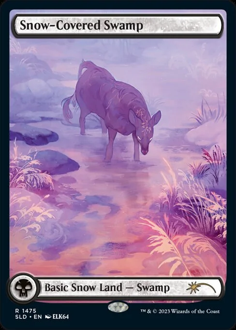 Snow-Covered Swamp, carta Magic di tipo Basic Snow Land — Swamp illustrata da ELK64