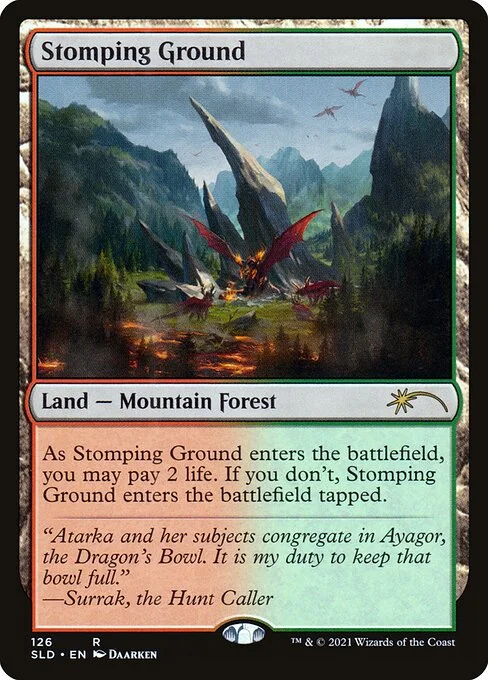 Stomping Ground, carta Magic di tipo Land — Mountain Forest illustrata da Daarken