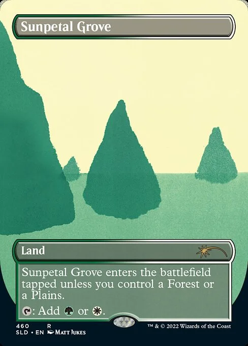 Sunpetal Grove, carta Magic di tipo Land illustrata da Matt Jukes