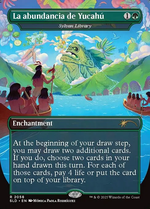 Sylvan Library, carta Magic di tipo Enchantment illustrata da Мónica Paola Rodríguez