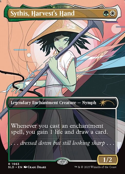 Sythis, Harvest's Hand, carta Magic di tipo Legendary Enchantment Creature — Nymph illustrata da Craig Drake