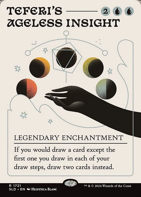 Teferi's Ageless Insight, carta Magic di tipo Legendary Enchantment illustrata da Helvetica Blanc