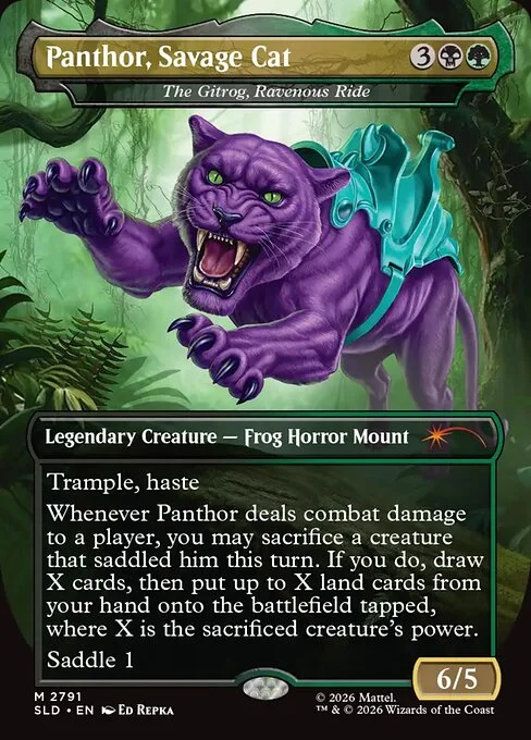 The Gitrog, Ravenous Ride, carta Magic di tipo Legendary Creature — Frog Horror Mount illustrata da Ed Repka