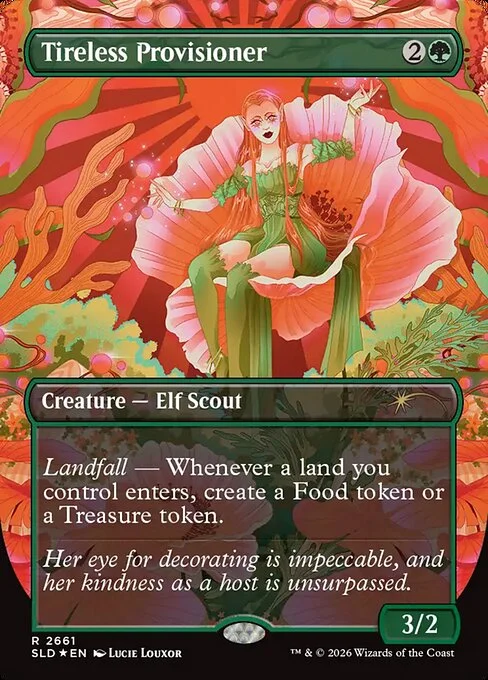 Tireless Provisioner, carta Magic di tipo Creature — Elf Scout illustrata da Lucie Louxor