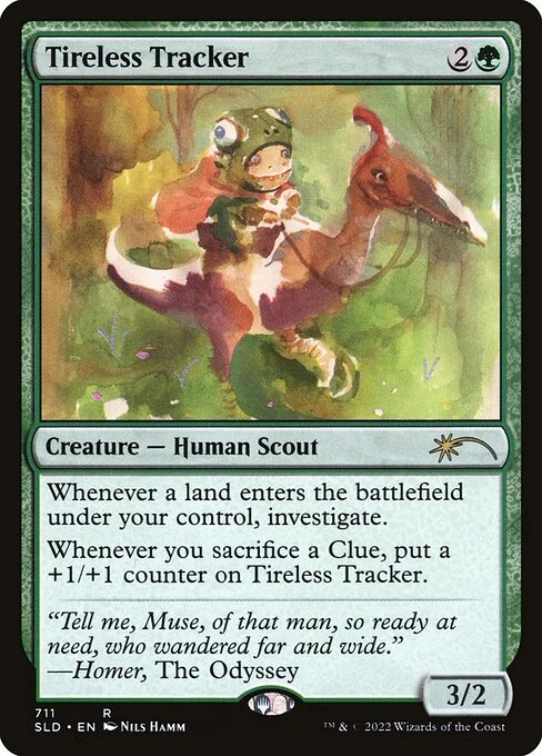 Tireless Tracker, carta Magic di tipo Creature — Human Scout illustrata da Nils Hamm